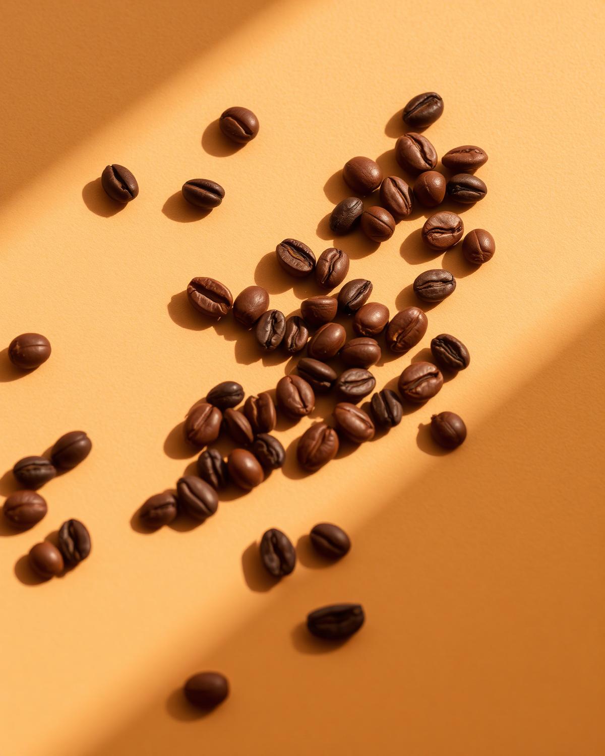 Roasted coffee beans scattered on warm paper