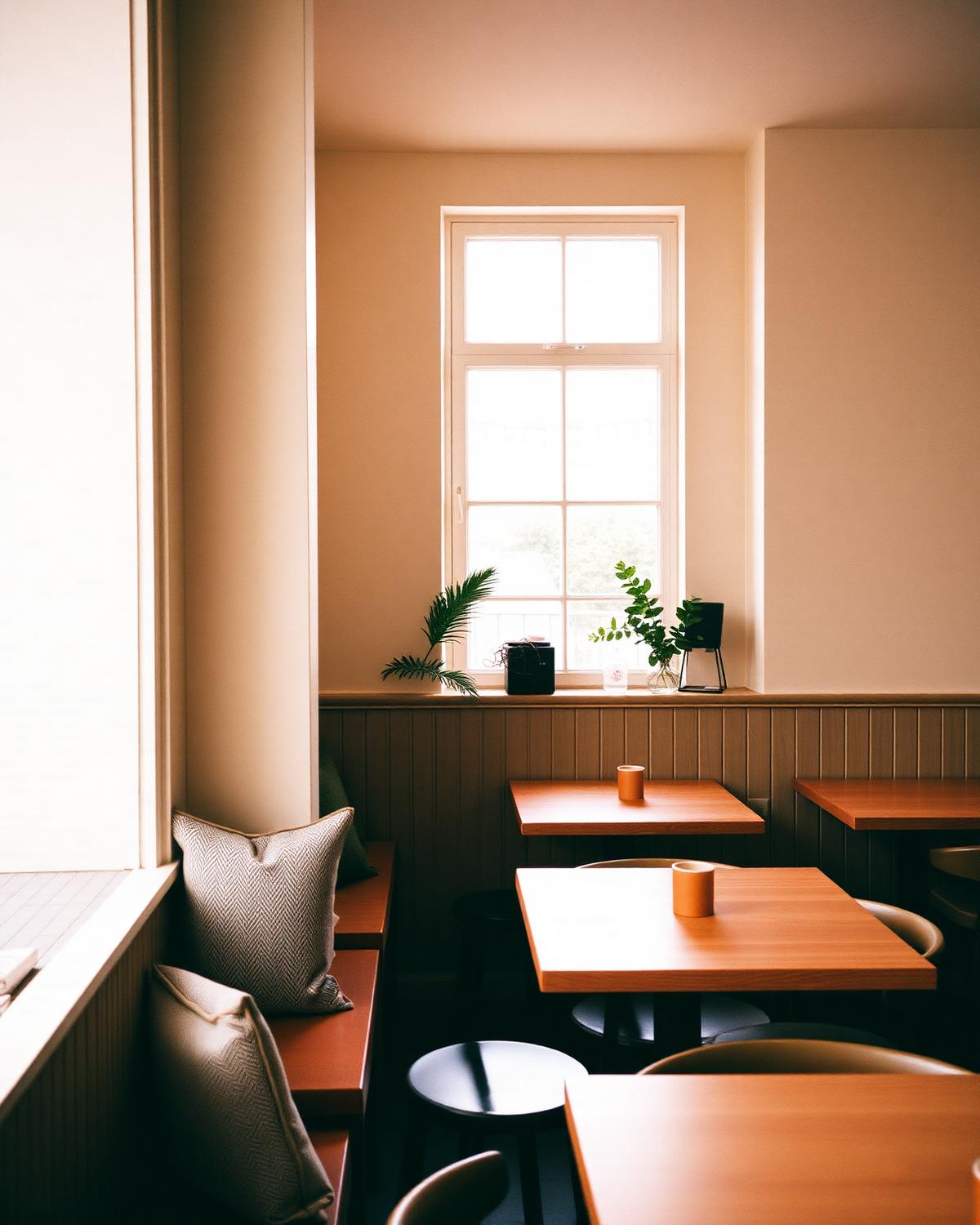Warm café interior with wooden tables and soft window light