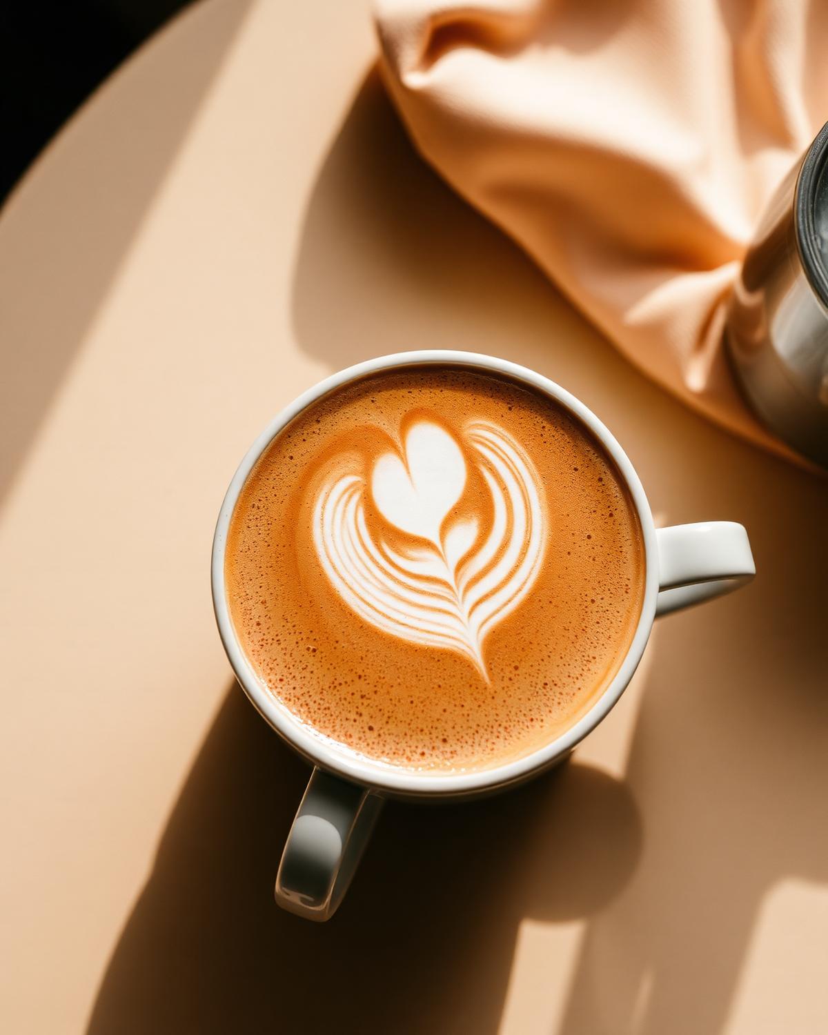 Latte art in a ceramic cup on a cream table