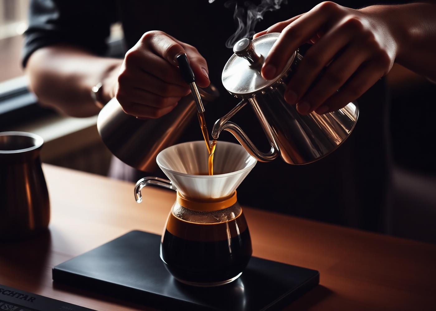 Barista pouring water from a gooseneck kettle over a pour-over brewer